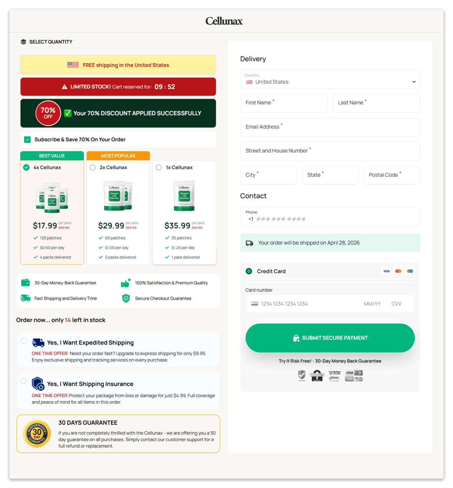 Cellunax Secure Checkout Page